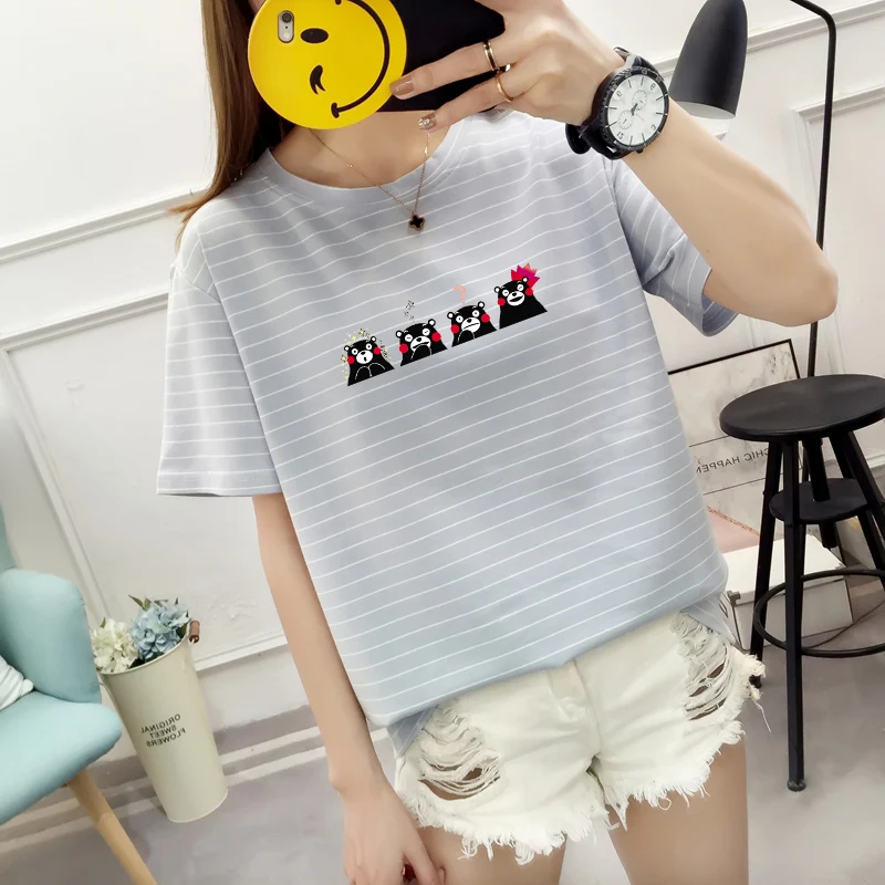 Новые летние топы женские футболки Kawaii Kumamon с мультяшным принтом в полоску