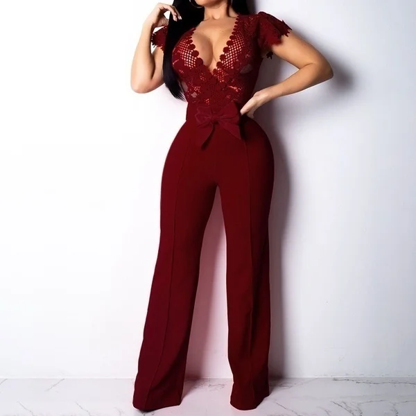 Женский сексуальный комбинезон с глубоким v-образным вырезом однотонный