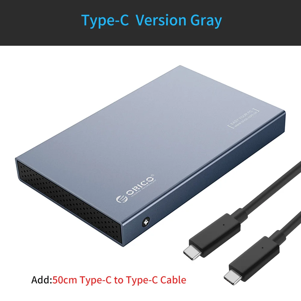 Чехол для жесткого диска ORICO 2,5 ''type-C из алюминиевого сплава USB3.1 Gen2 с поддержкой жесткого диска 7 мм и 9,5 мм с кабелем 50 см C-C
