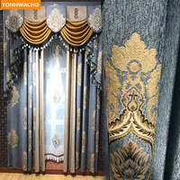 Custom curtains European luxury living room thick chenille jacquard grey blue cloth blackout curtain tulle valance drapes N970