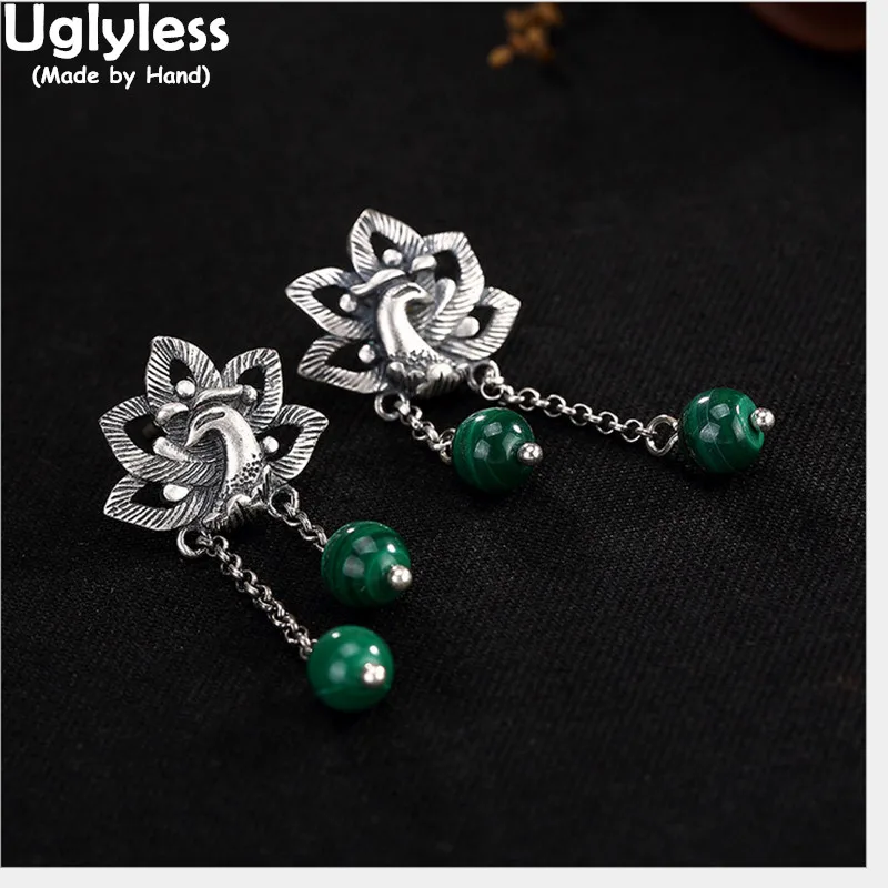 

Uglyless Real 990 Fine Thai Silver Women Vintage Peacock Earrings Natural Malachite Balls Brincos Handmade Hollow Ethnic Jewelry