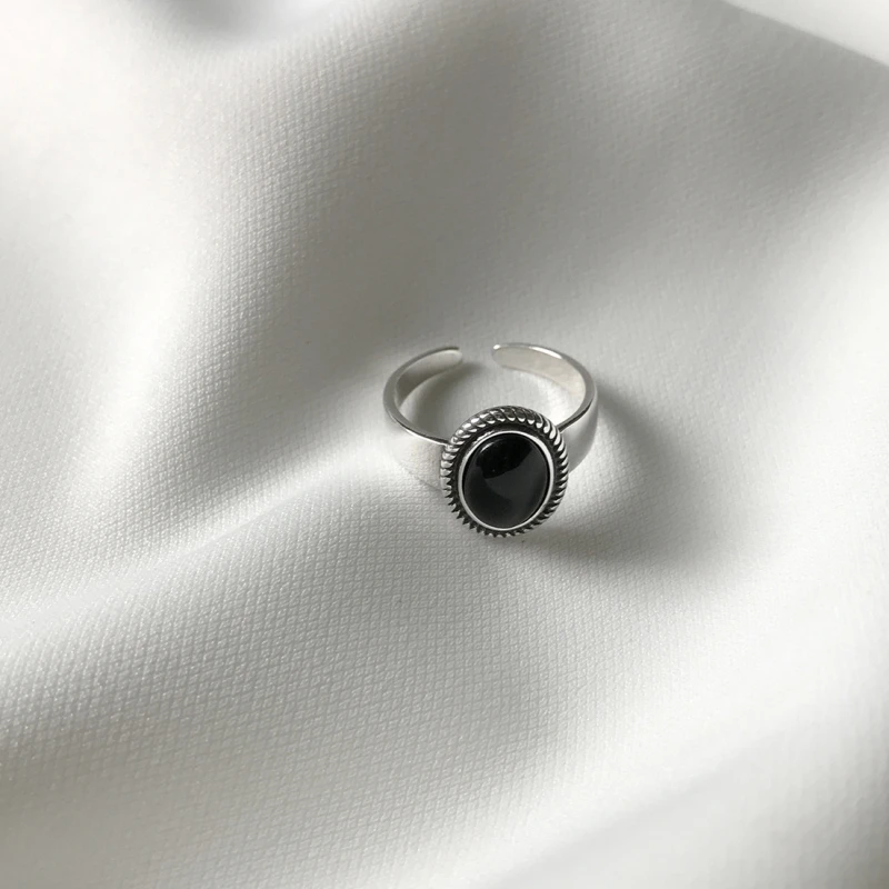 925 Sterling Silver Oval Black Agate Cabochon Twisted Charm Vintage Open Ring For Women And Girls Party Gifts Stone Jewelry | Украшения и