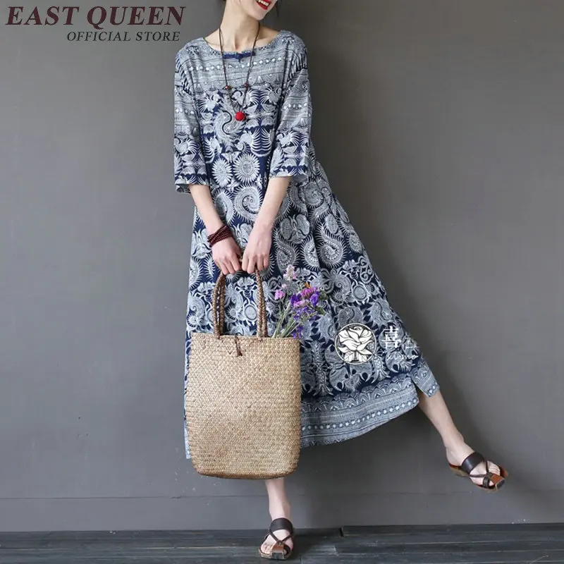 

Blue and white women summer 2018 Chinese oriental long t shirt robe vintage floral print robe AA2568