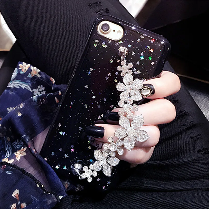 LaMaDiaa Bling Star черный блестящий чехол для телефона цветочный чехол с браслетом Для iPhone Xs Max 7 8 Plus 6s 6plus Чехол Мягкий ТПУ чехол