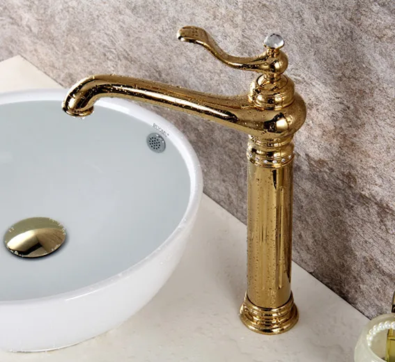 

Free shipping Gold PVD clour single hole Bathroom tall Vessel sink crystal faucet mixer tap