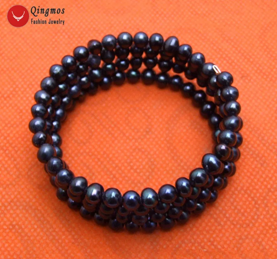 Qingmos Trendy Natural Pearl Bracelets for Women with 4-5mm Round Black Steel Wire Wrap Bracelet Fine Jewelry 28'' bra446 |