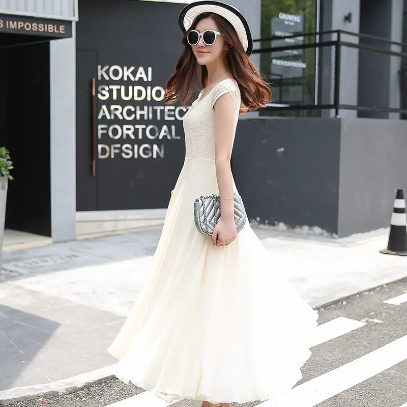 Fashion New Boho Purple Solid Lace Patchwork Chiffon Beach Dress Women 2019 Summer Tank Big swing Dresses Female Vestidos Mujer | Женская