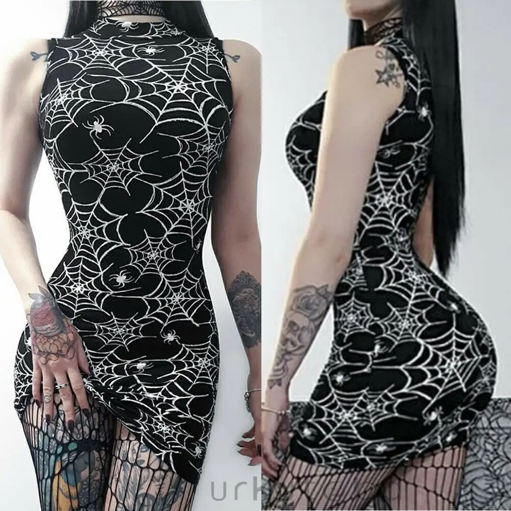 Женское вечернее мини платье черное Клубное без рукавов с принтом