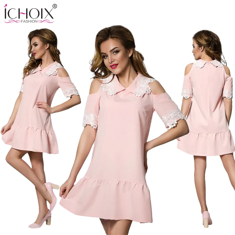 ICHOIX 2017 New Summer A-line Dress Off Shoulder Fashion Robe women Casual Elegant Lace dress Loose Cltohing Sky Pink Cute | Женская