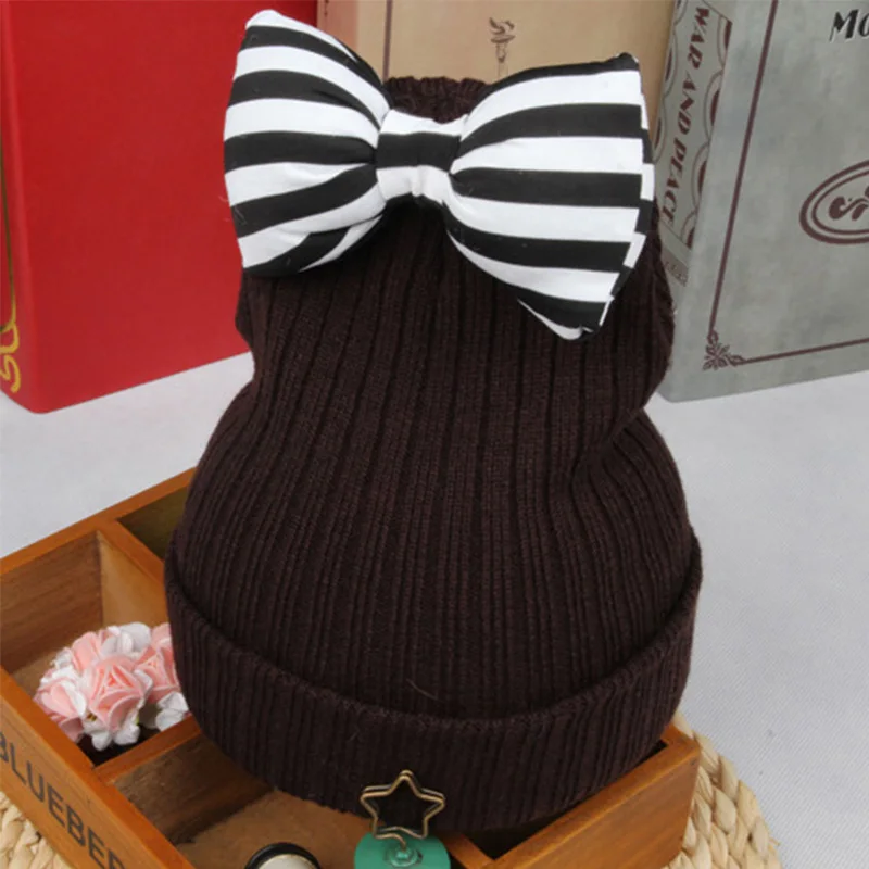 DreamShining Baby Hat Cute Striped Bow Kids Woolen Children Winter Warm Crochet Knitted Cap Girls Photography Headwear Caps | Детская