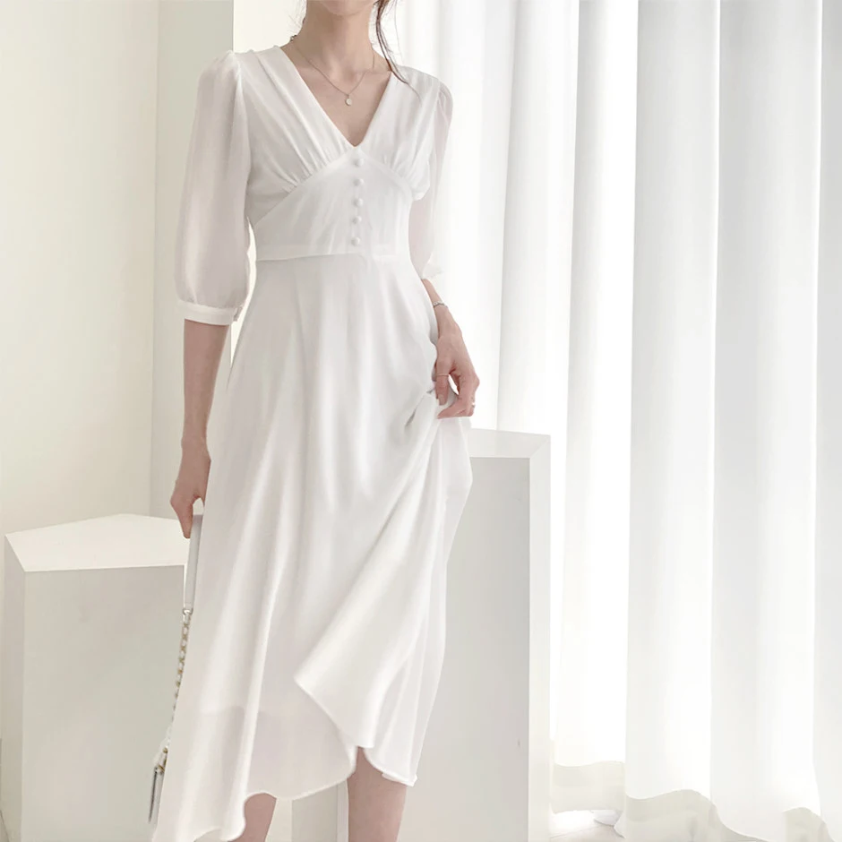 RealShe Fashion Women Dress Ladies V Neck Half Sleeve Button Solid White Dress Robe Ladies Summer Elegant Casual Long Dresses