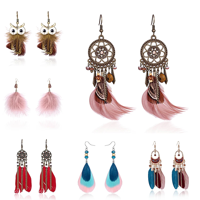 

Boho Ethnic Long Feather Tassel Dangle Earrings For Women Vintage Colorful Owl Leaf Feather Drop Earrings Brincos Bride Jewelry