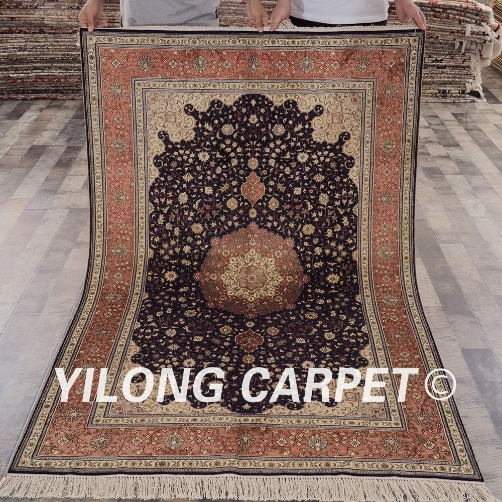 

YILONG 4 'x 6' тонкий турецкий ковер темно-синий выгодный античный Шелковый коврик ручной работы Тебриз (LH473B4x6)