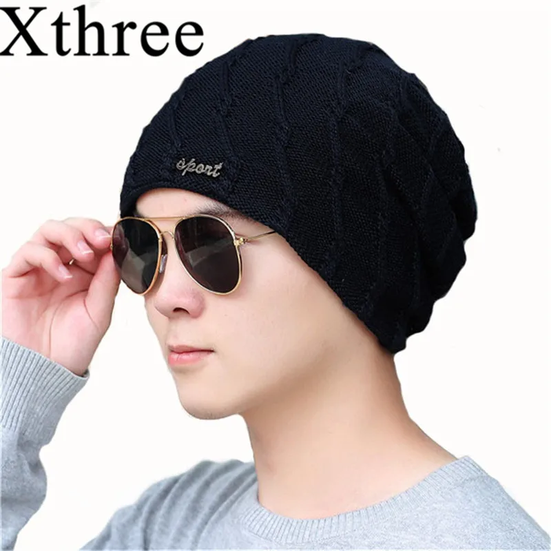 Xthree Winter Men's Skullies Beanies Knitted Hat Caps Lining Keep warm Male Gorras Bonnet Hats For Men Women | Аксессуары для