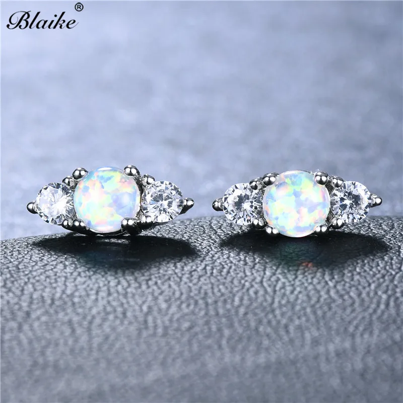 Blaike, 925 пробы, серебряные, Круглые, белые, синие, огненный опал, серьги для женщин, маленькие, циркон, камень, Двойные серьги, Женские Ювелирные изделия