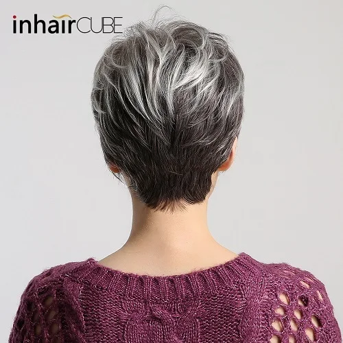 Inhair Cube 1" 50% человеческие волосы синтетические женские" s парики натуральные пушистые прямые серые короткие текстуры для американских африканских - Цвет: Gray Ombre