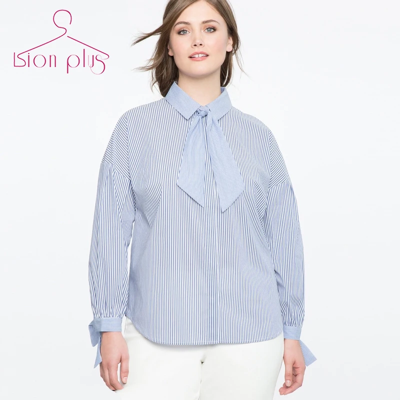 

Женская офисная блузка в полоску, с бантом и воротником-стойкой, на одной пуговице, размера плюс, 5xl, 6xl, 2018