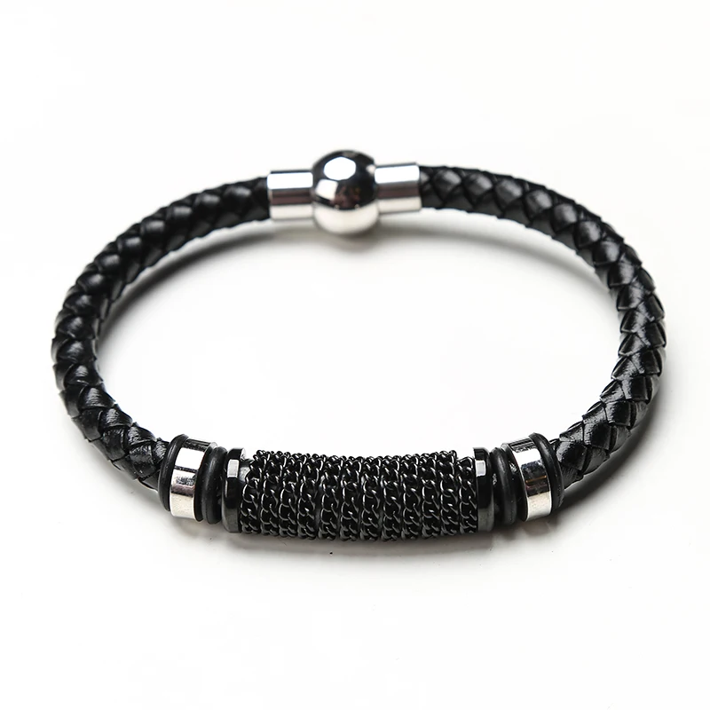 MOGE новое поступление черный плетеный кожаный браслет для мужчин нержавеющие