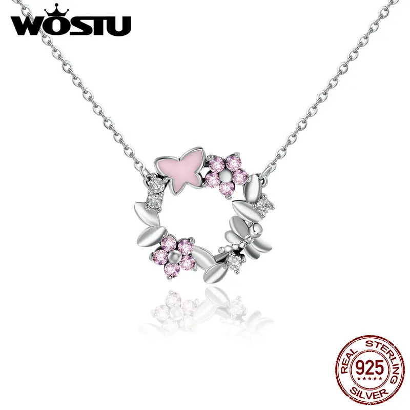 WOSTU Настоящее 925 пробы Серебряная гирлянда Бабочка Круглый романтическое ожерелье с подвеской для женщин Помолвочные ювелирные изделия BKN098