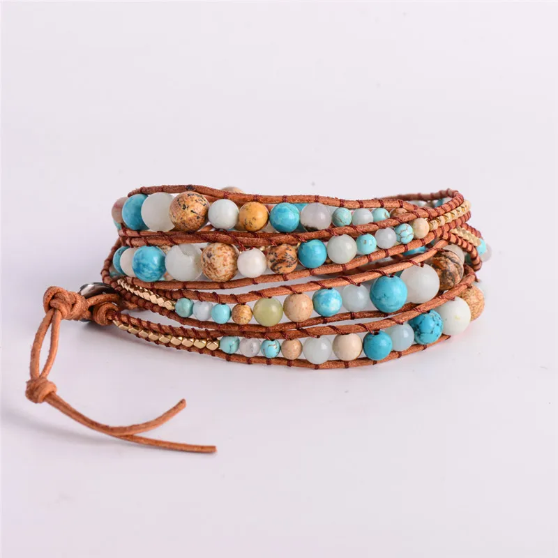 Изысканный градиентный 2018 - 5X кожаный браслет Amazonite золотой многослойный для