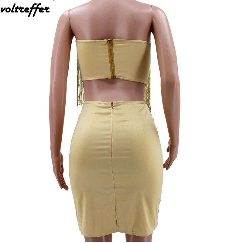 Золотые кисточки без бретелек из двух частей Bodycon Бандажное платье мини миди