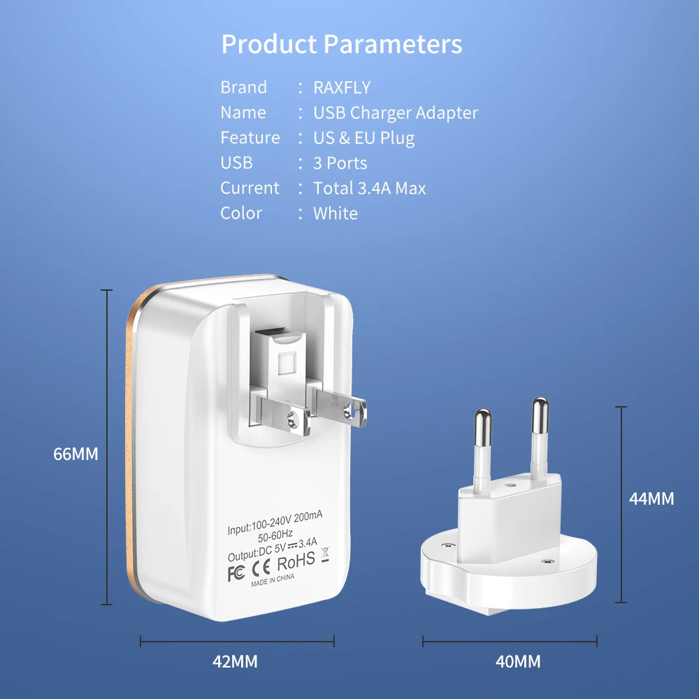 USB raxfly зарядное устройство адаптер для iPhone XS 3 порта EU & US штепсельная вилка
