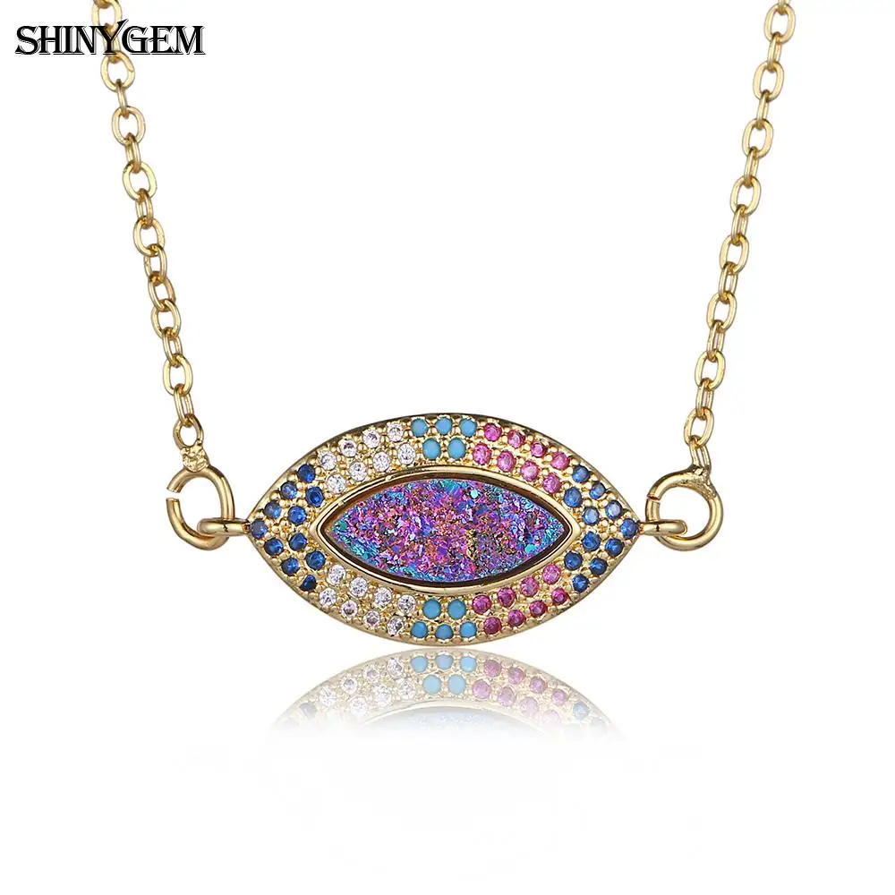 

ShinyGem Turkish Evil Eye Pendant Necklace Colorful Rainbow CZ Crystal Evil Eye Necklace Bohemian Druzy Stone Necklace For Women