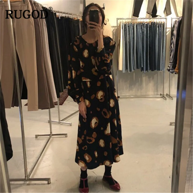Женское платье с леопардовым принтом RUGOD Длинное свободное круглым вырезом и