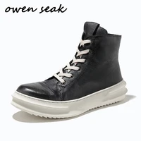 19ss men casual boots cow leather high top ankle luxury handmade trainers spring rock zip lace up flats black shoes sneakers
