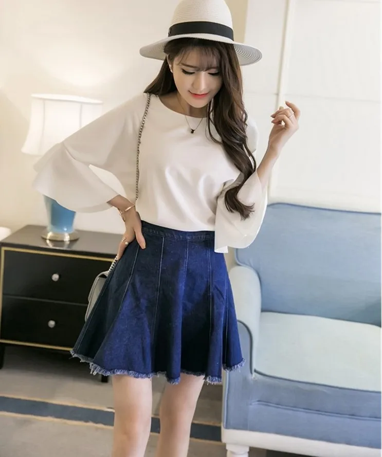 Fashion Flare Sleeve Chiffon Shirt Korean Pure Color Plus Size Shirts O-neck Short Blusas Summer Women's Tops and Blouses |