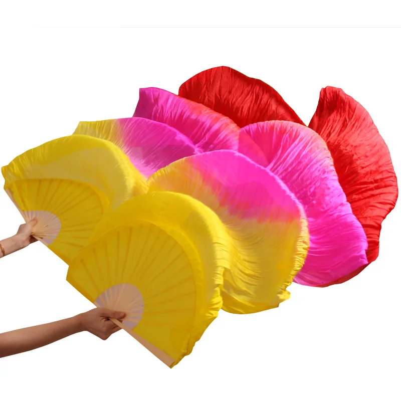 

100% Silk Dance Fans Handmade Dyed Bamboo Ribs Belly Dance Fans Silk Dance Props Fans 1Pair Left+Righthand Yellow+Rose+Red Color