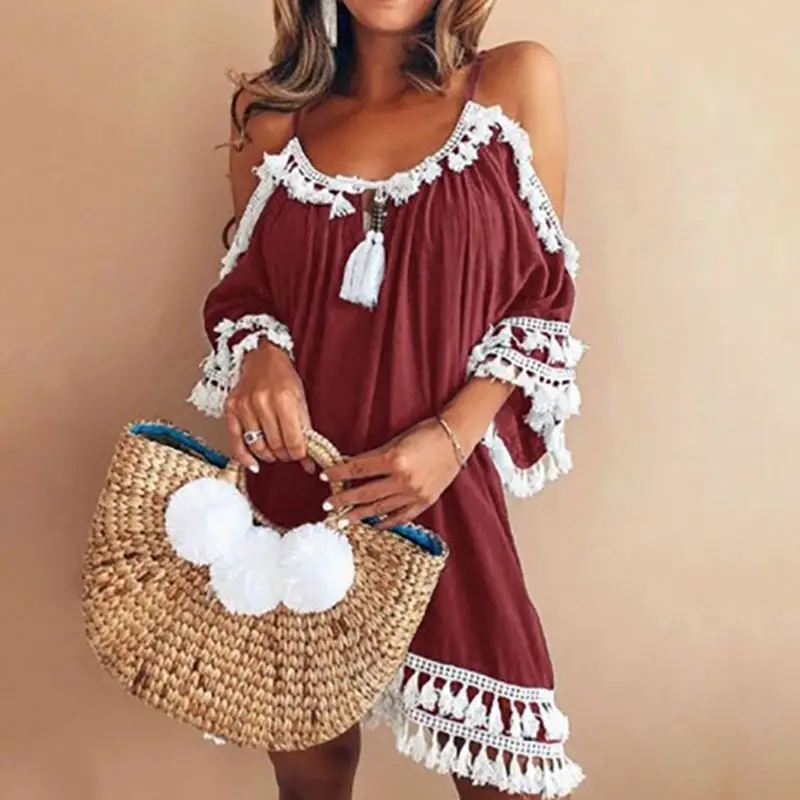 wine red patchwork Женское сексуальное мини-платье с открытыми плечами, летнее модное платье с кисточками и открытой спиной, Vestidos, повседневное пляжное платье на бретельках без бретелек - Цвет: wine red patchwork
