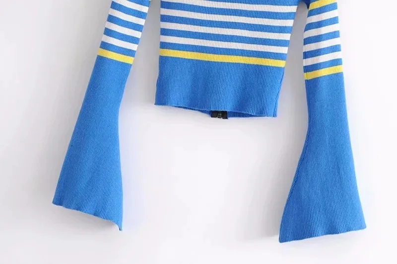 Винтаж шик Весна Женская мода вязанные slim fit кардиганы для женщин свитеры молнии Короткие полосы Сверкающее с рукавами
