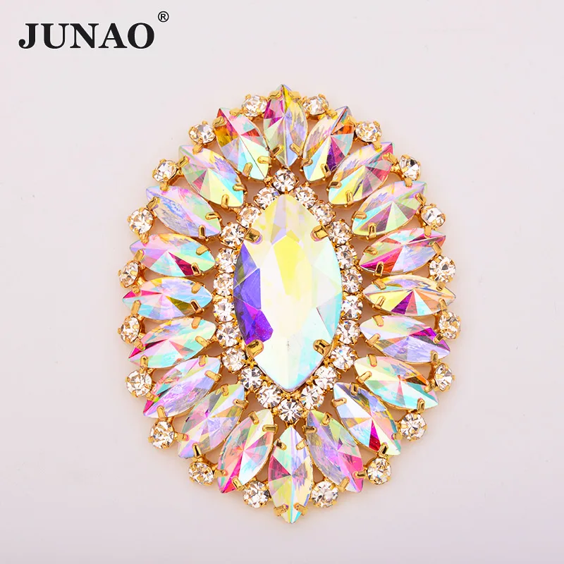 54X70mmCrystalAB JUNAO, 75*300 мм, золотые стеклянные цветы, стразы, аппликация, бахрома, отделка, нашивки со стразами для украшения свадебного платья - Цвет: 54X70mmCrystalAB