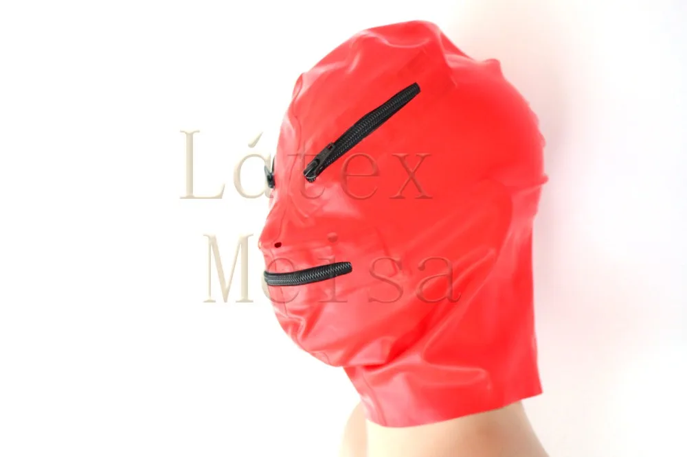 

Eyes & mouth zipper design 100% handmade adults' red latex hood bondage with back zip decorations