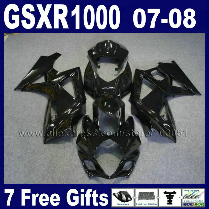 

7 подарков, набор обтекателей для мотоциклов SUZUKI 2007 2008 GSXR1000 GSXR 1000 GSX 07 08 R1000 K7 K8, полный черный обтекатель