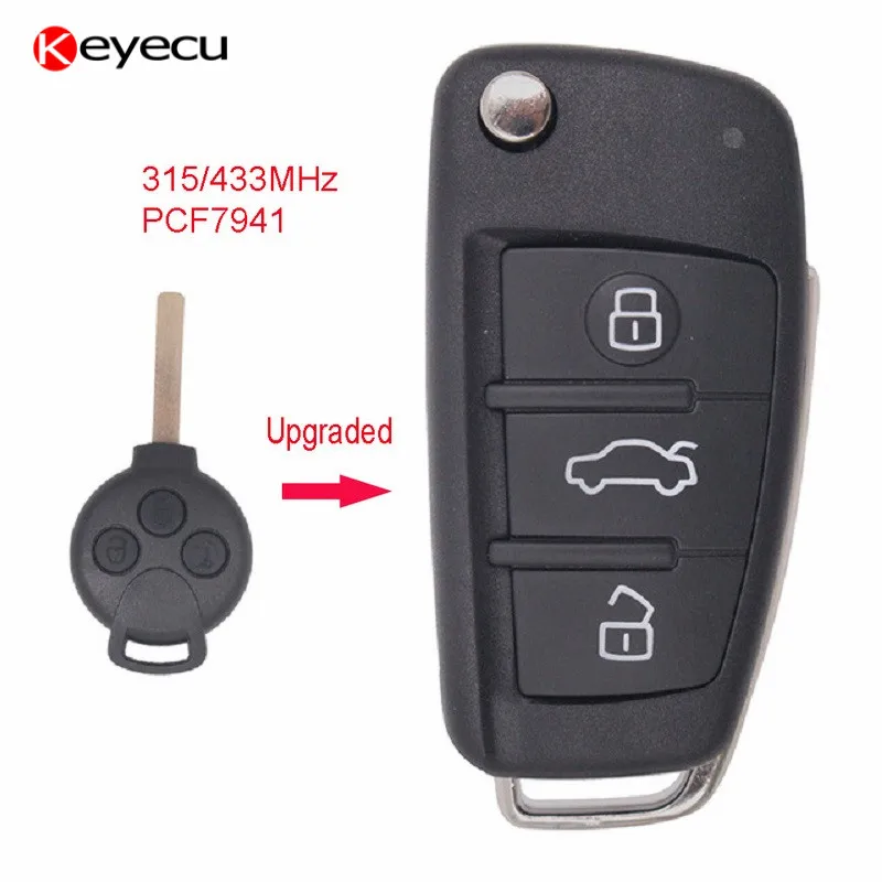 Keyecu Replacement Upgraded Flip Remote Key Fob 3 Button 315/433MHz Optional PCF7941 Car for Benz Smart Fortwo 451 2007-2013 | Автомобили