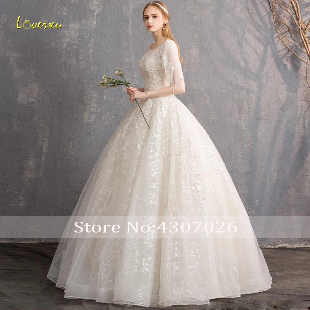 Loverxu Luxury O-Neck Ball Gown Wedding Dress 2019 Applique Beading Tassel Half Sleeve Bridal Sweep Train Lace | Свадьбы и торжества