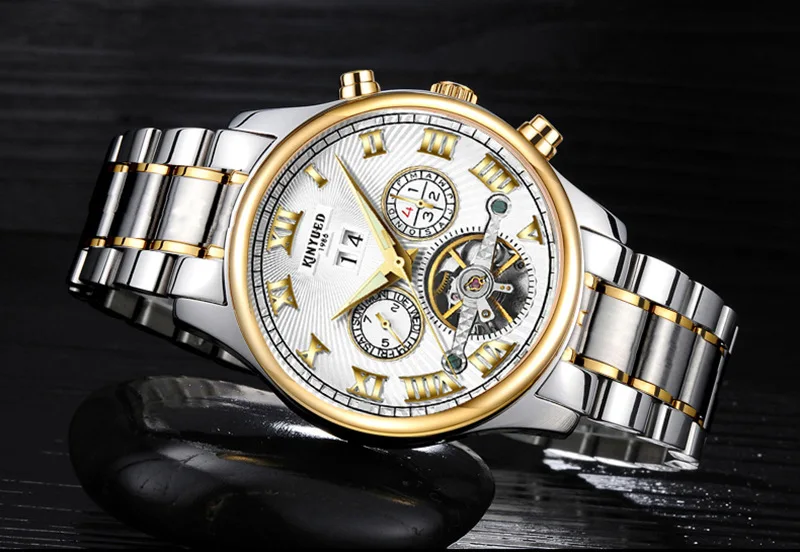 Kinyued Бизнес Деловые часы Для мужчин S Skeleton Tourbillon автоматические часы Для мужчин золото Сталь Календари Водонепроницаемый Relojes HOMBRE