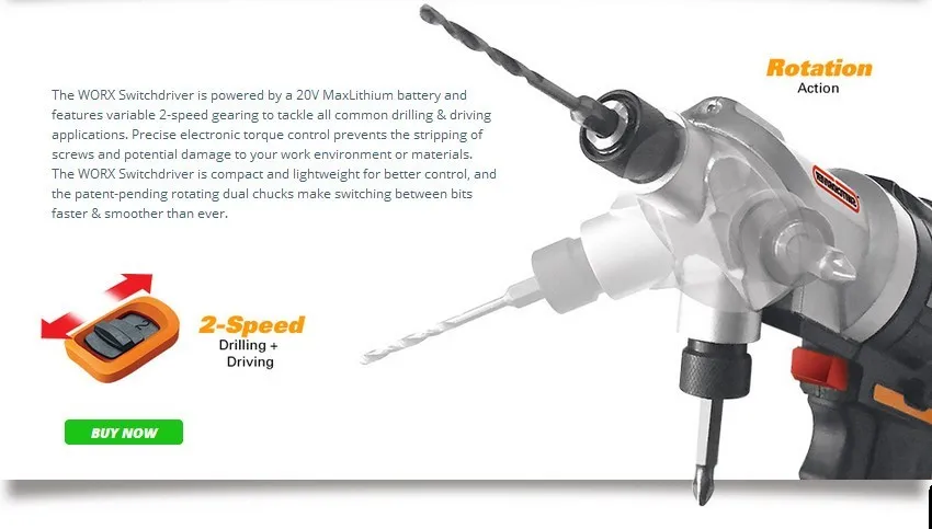 WORX Электрическая аккумуляторная отвертка 20V li-ion с 1*20V батареей 1 зарядное устройство WORX WX176