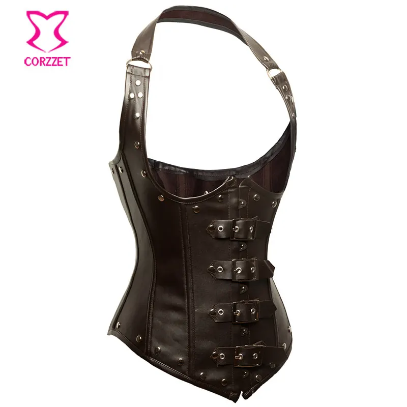 Холтер шеи коричневый кожаный бюстье стимпанк под грудью Талия утягивающие