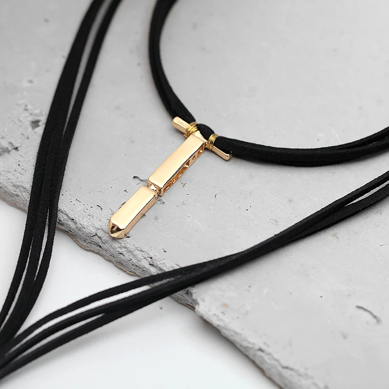 

2017 Black Suede Choker Necklace for Gift Golden Cross Pendant Leather Double Collar Necklace Long Tassel Choker MYC05038