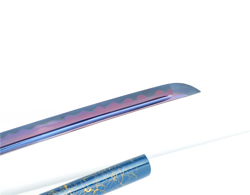 

Brandon Swords Handmade Japanese Katana 1060 Carbon Steel Wave Hamon Purple & Blue Blade Battle Ready Samurai Katana Sharp Sword
