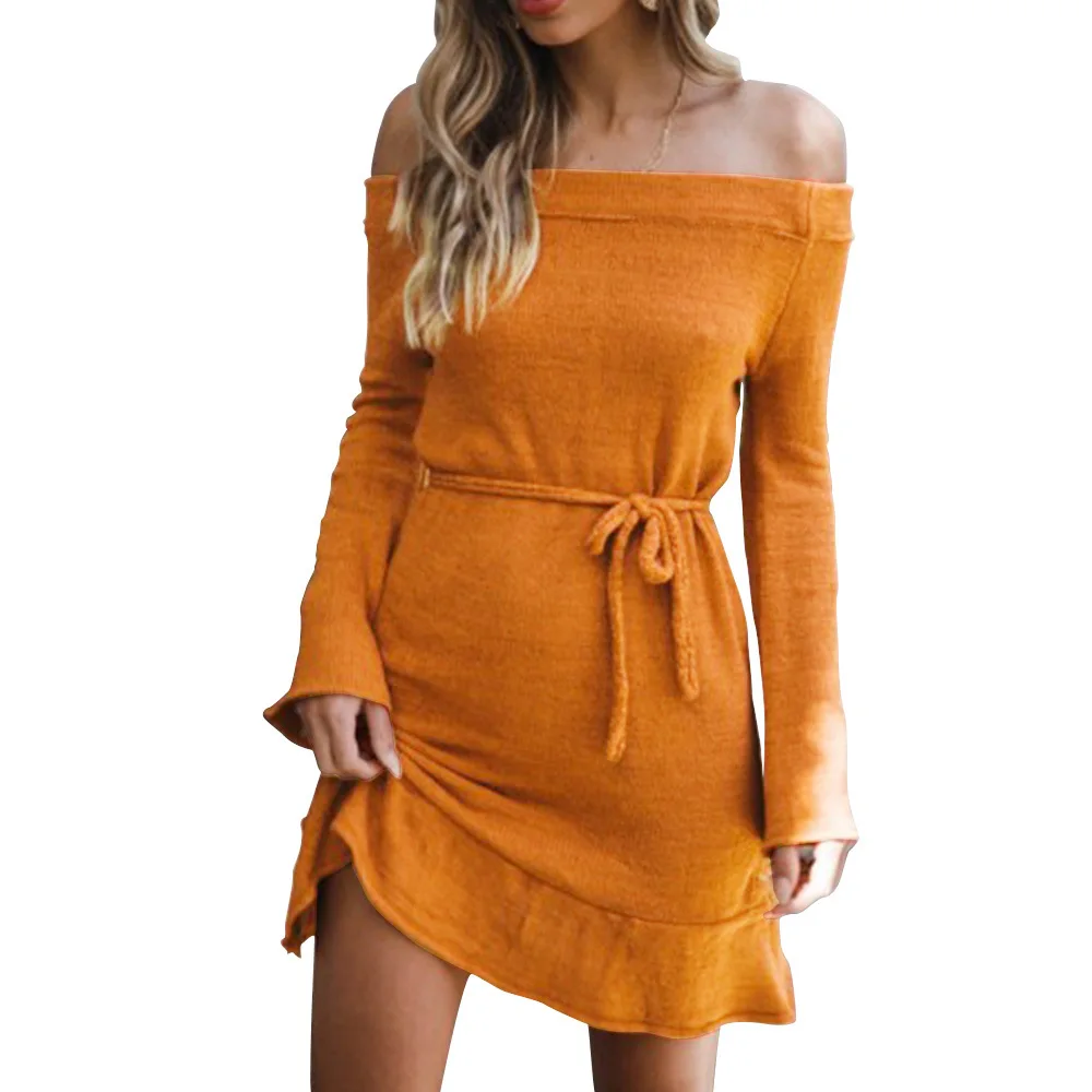 

Sexy Off Shoulder Knitted Sweater Dress Women Autumn Winter Long Sleeve Sashes Bodycon Dress Warm Elegant Party Dresses Vestidos
