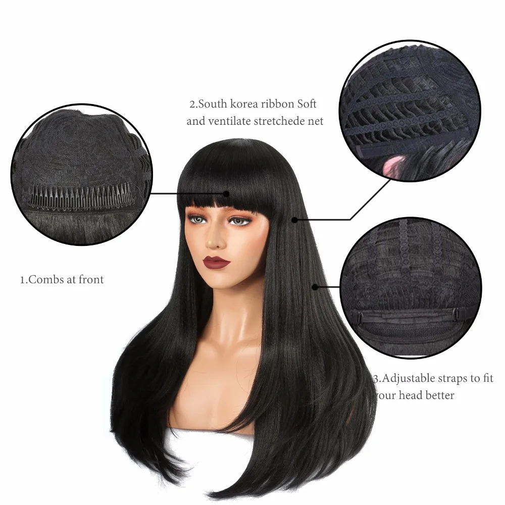 EEWIGS 22 дюймов длинный черный парик с челкой 180% Плотность прямые волосы Yaki машинные бесклеевые синтетические парики для черных женщин