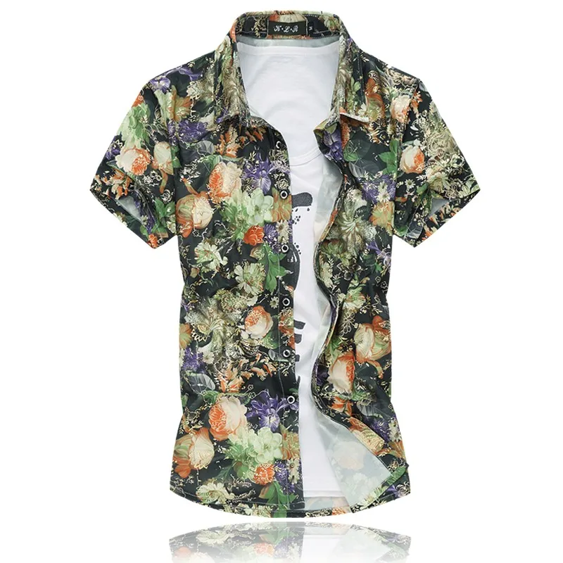 Новая летняя мода Мужская рубашка Slim Fit короткий рукав Футболка с цветочным