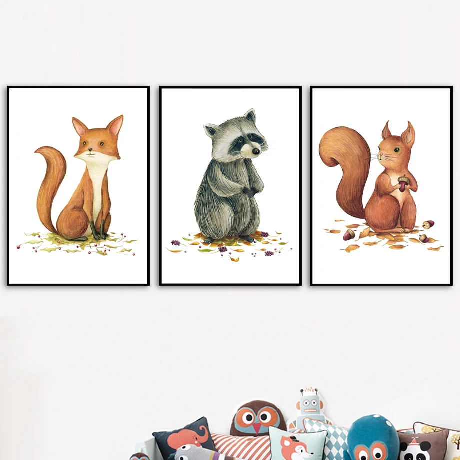 

Cartoon Fox Squirrel Raccoon Wall Art Canvas Painting Nordic Posters And Prints Animal Wall Pictures Kids Room Nursery Decor