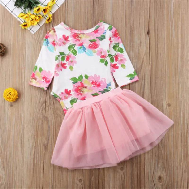 2018 Cute Pink Newborn Infant Kids Baby Girls Floral One Tops Long Sleeve Romper Tulle Tutu Dress Outfits Set 0-24M | Детская одежда и