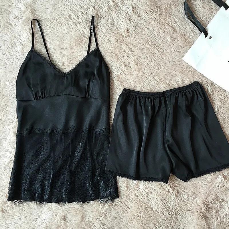 Черный кружевной сексуальный женский пижамный комплект Спагетти ремень