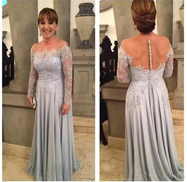 

2020 Silver Mother of the Bride Dresses Lace Sheer Neck Long Sleeve Formal Godmother Wedding Party Dinner Guests Gown Plus Size